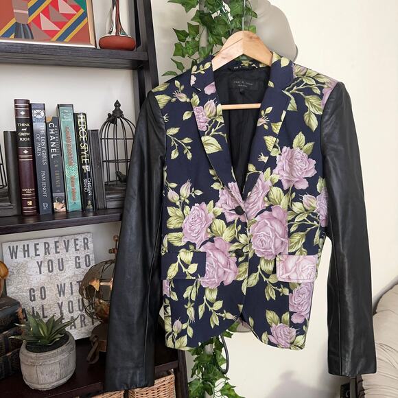 RAG & BONE Bailey Floral Leather Blazer Jacket Roses Purple Black Sz 4 {3T22} - Picture 3 of 6